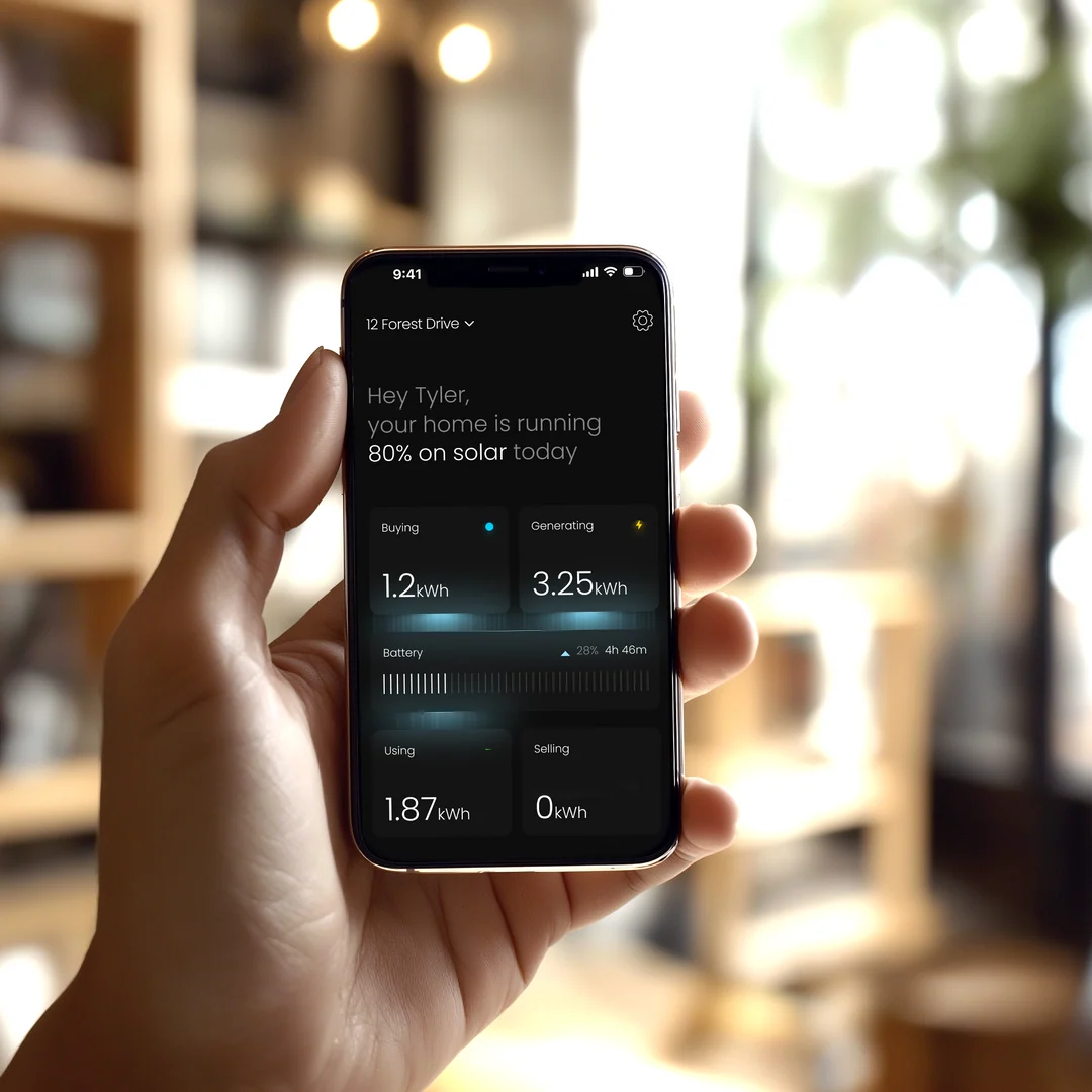 A hand holding a phone showing the Kora Power App
