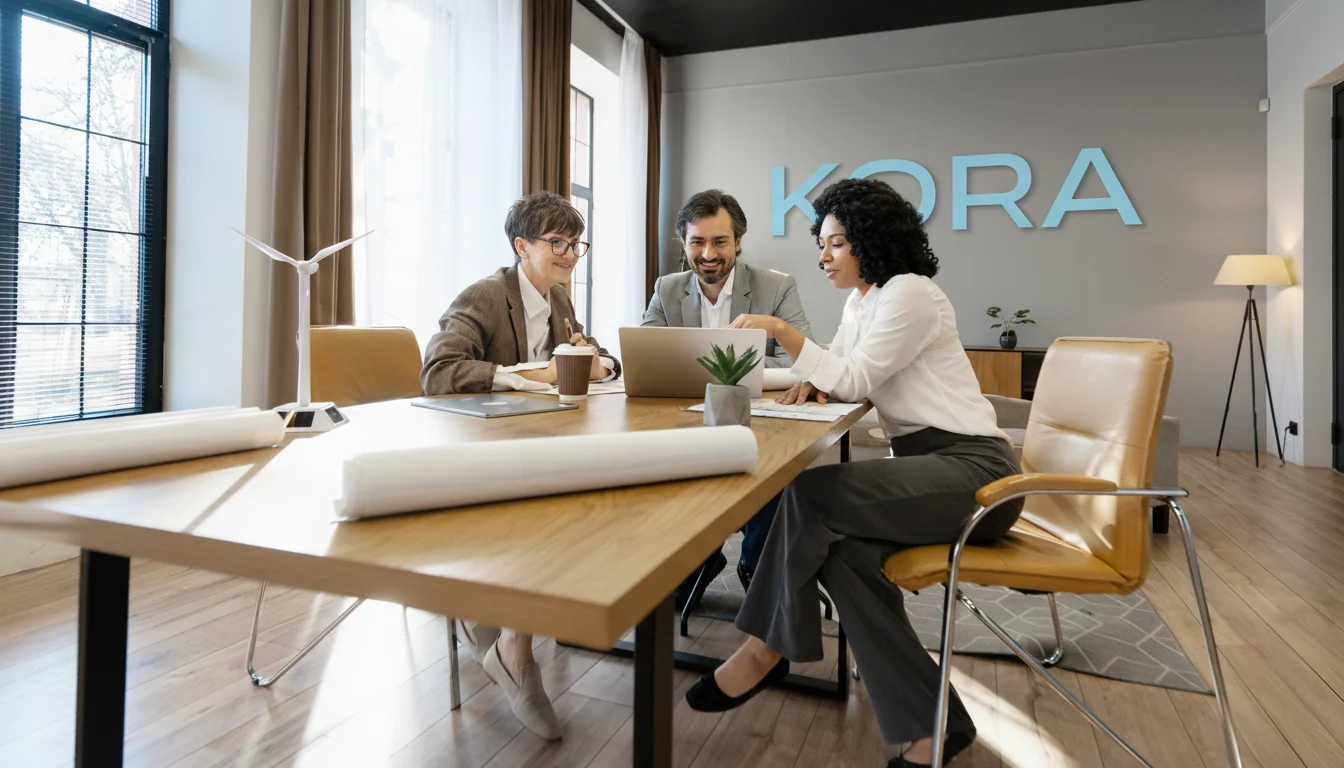 Kora team members at work around a table in the office